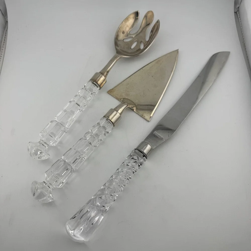 Gorham Serving Set Silver Tone Crystal Handle Cake‎ Server Fork Knife